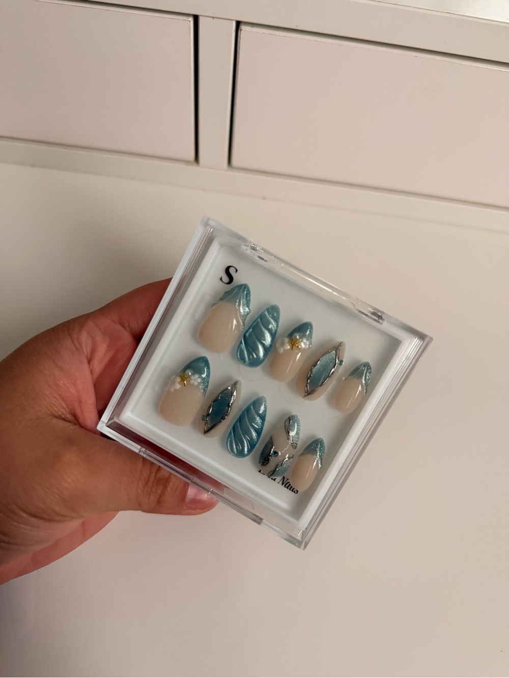 Teal Metallic French Tip Press-On Nail Set for Women